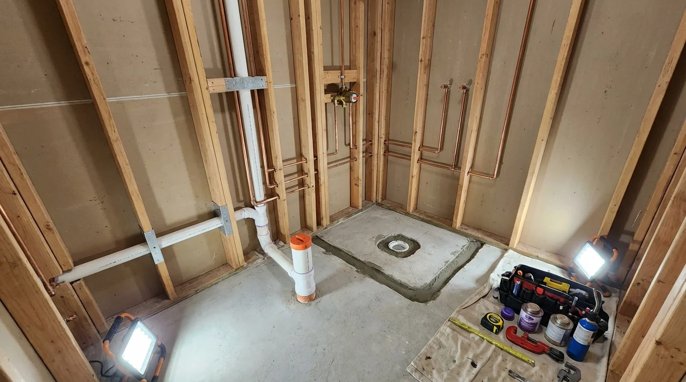 Bathroom rough-in plumbing during remodel by Johns Plumbing LLC in Fruitport