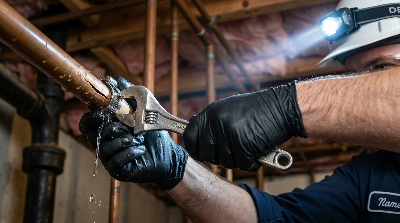 Emergency pipe clamp repair being performed by a Johns Plumbing LLC plumber in Fruitport