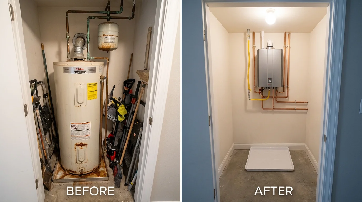 Tank water heater versus wall-mounted tankless unit comparison for Fruitport, MI homeowners