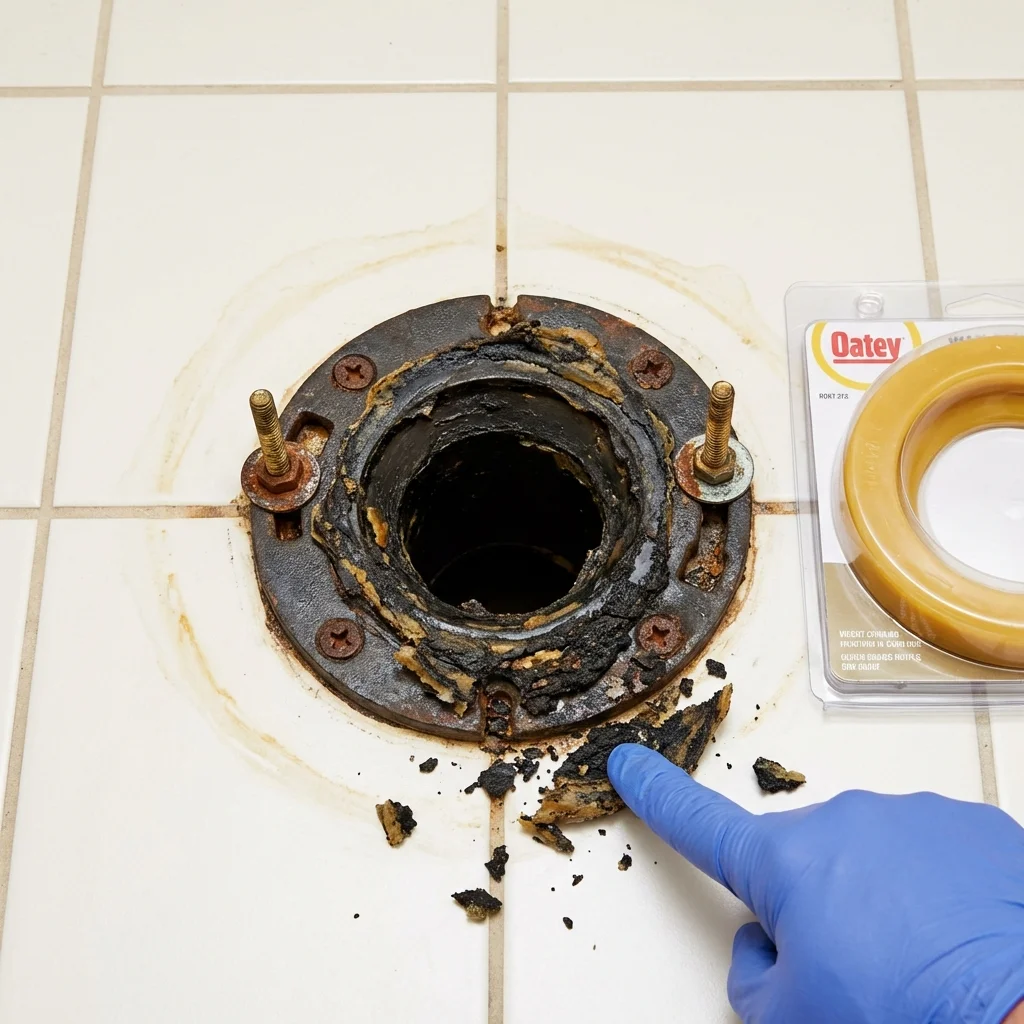 Failed wax ring showing water seepage at the base of a toilet in a Fruitport, MI home