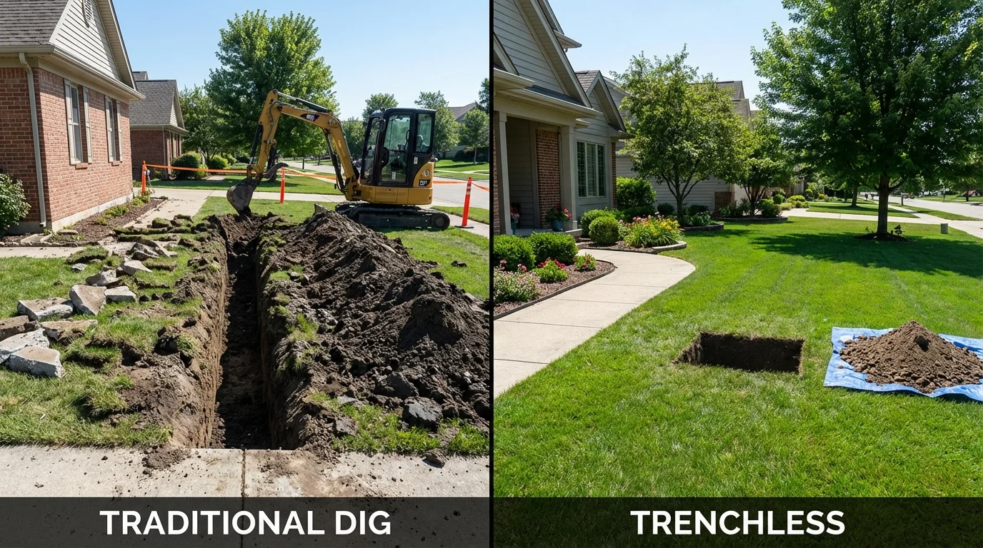 Trenchless sewer repair with minimal yard damage versus traditional excavation in Fruitport, MI