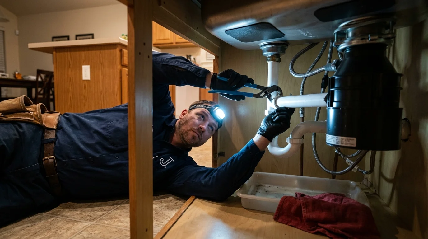 P-trap and supply line connections under a kitchen sink showing a common leak point in Fruitport, MI